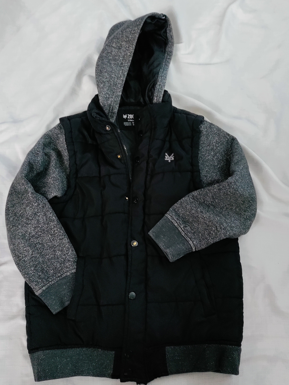 Zoo York Black Puffer Jacket with Gray Hood & Sleeves